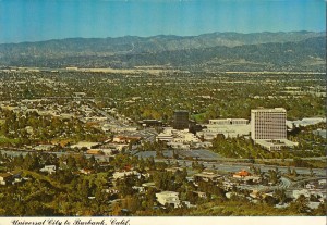 Aerial view of Universal City to Burbank. Sheraton Universal Hotel visible.